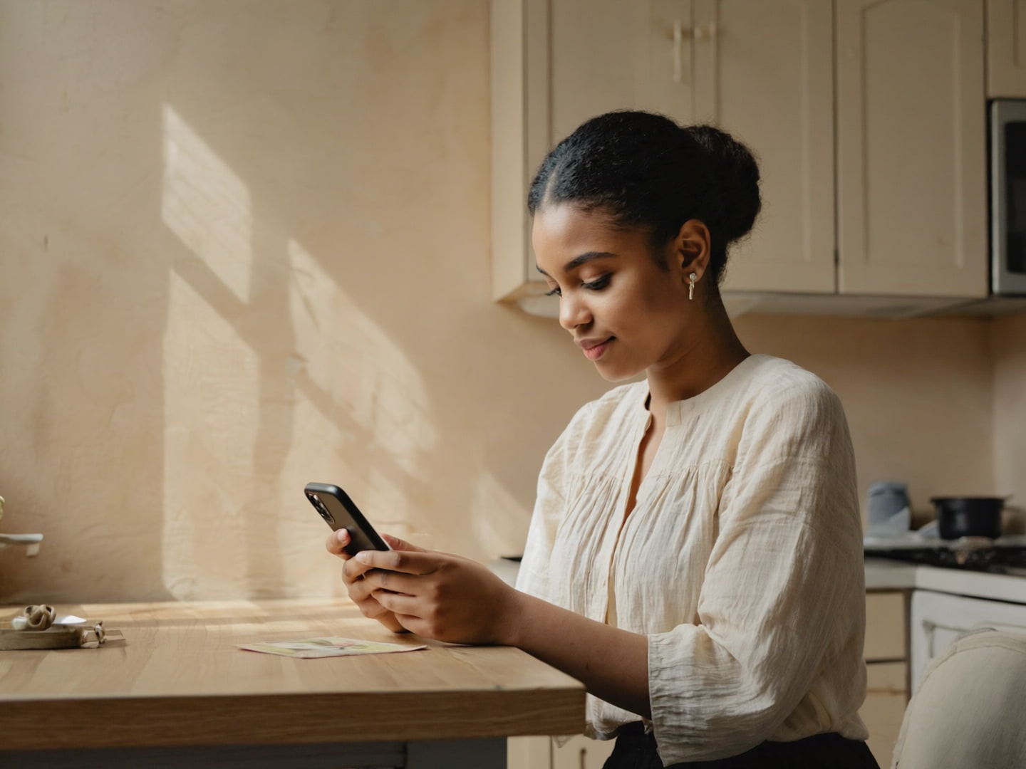 Illustration : une jeune femme lit son téléphone à une table de cuisine, dans la lumière du matin sur un mur en plâtre.