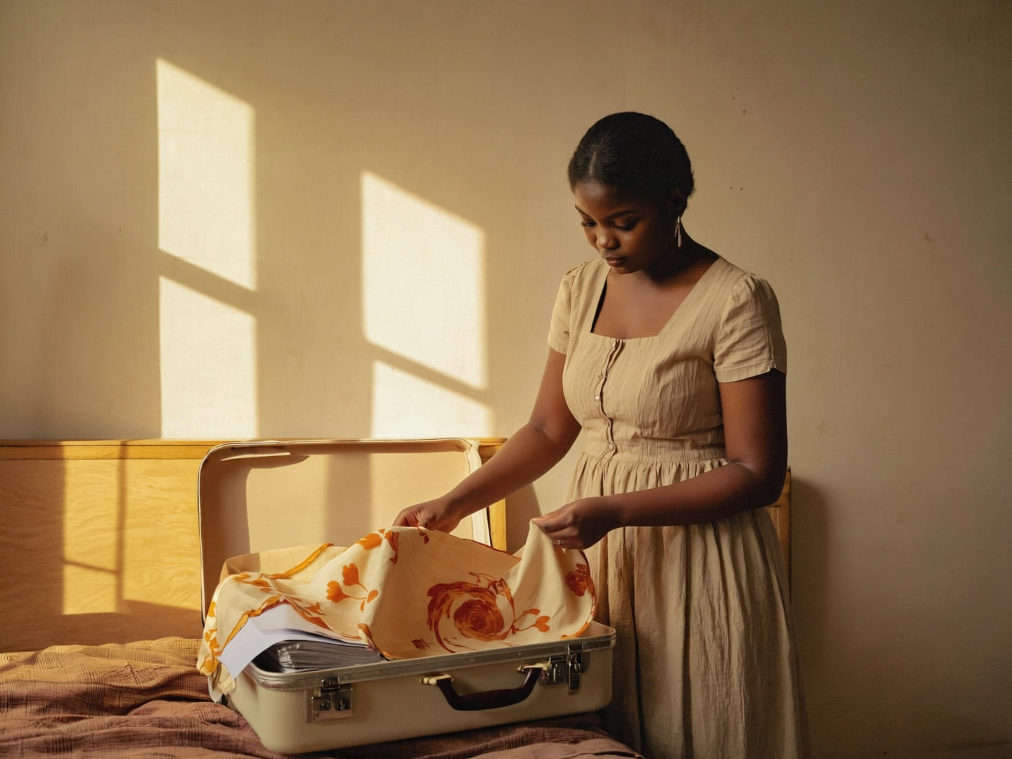 Illustration : une jeune femme plie un tissu wax dans une valise posée sur un lit, une chemise de documents à côté.